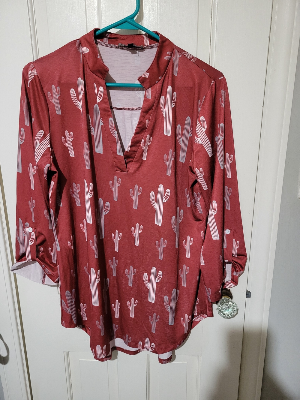 V-Neck Cactus Print Tunic Top in Rust